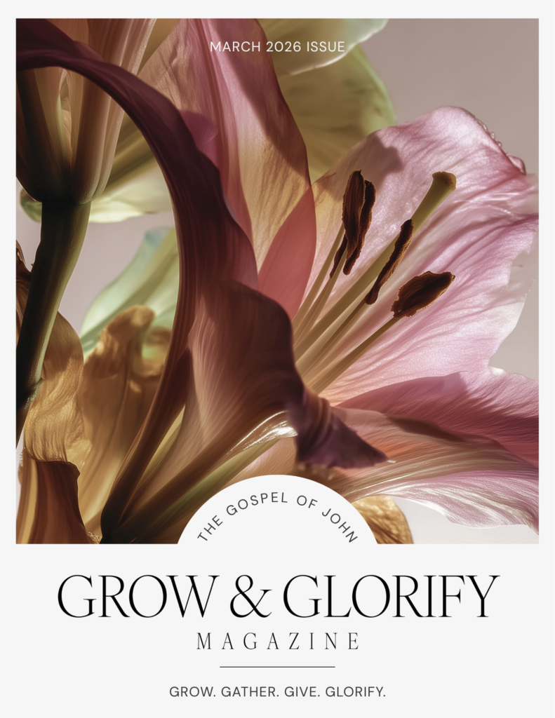 Grow & Glorify Magazine March 2026 Issue cover featuring a close-up of pink and burgundy lilies with the subtitle "The Gospel of John"